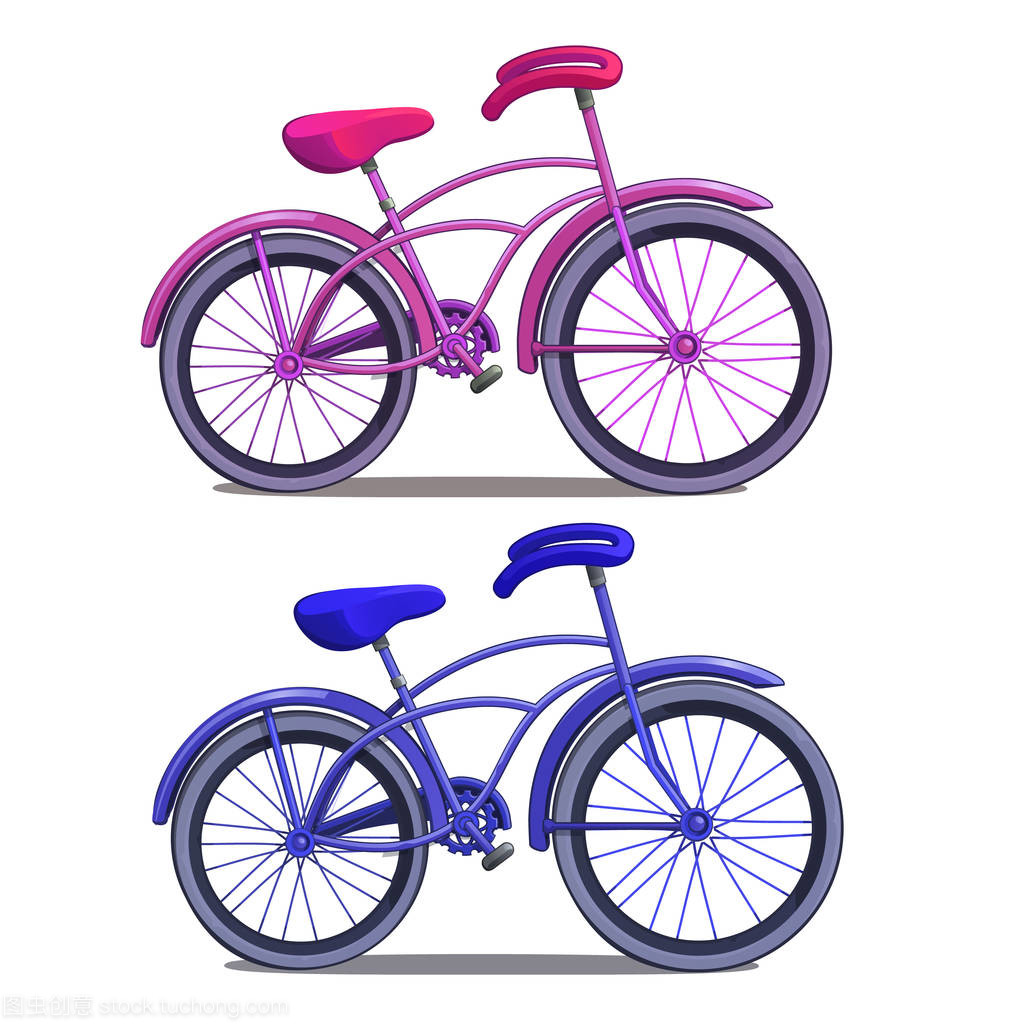 孤立在白色背景上的粉色和藍色自行車。卡通風格的矢量圖